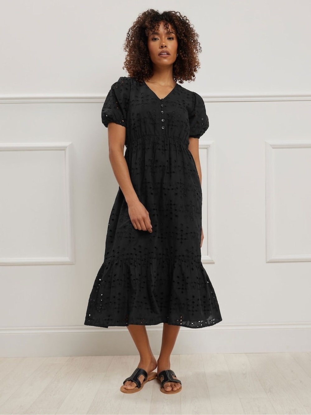 J. Crew Black Eyelet Cotton Puff-Sleeve Midi Dress Size 4